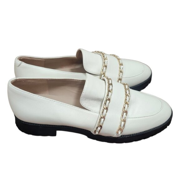 Karl Lagerfeld Paris Womens Loafers 8/38.5B Cream Leather Gold Chain Trim Chunky - Picture 4 of 12
